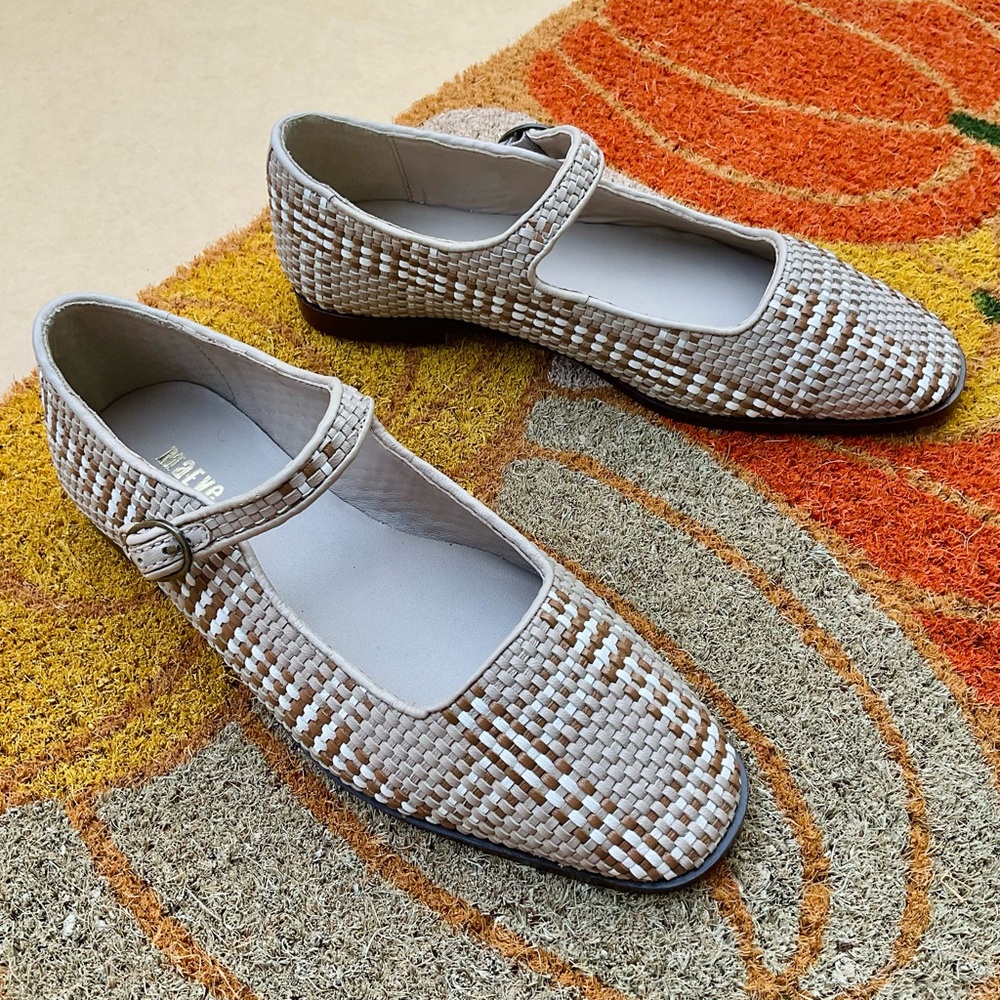 Anthro ❉ Maeve Woven Mary Jane Flats in Neutral Plaid Pattern Size 8